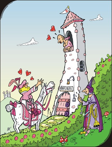 Cartoon: Rapunzel (medium) by JotKa tagged rapunzel,märchen,prinzessin,prinz,böse,schwiegermutter,königin,haare,zöpfe,schere,gefängnis,schloss,schlüssel,turm,fahne,glatze,ritter,riegel,schwert,sattel,pferd,schimmel,reiter,rosen,legenden,fabeln,schleife,hüte,hut,liebe,erotik,leidenschaft,schmerz,trennung,strafe,sehnsucht,gebrüder,grimm,fairy,tale,princess,prince,evil,mother,in,law,queen,hair,braids,scissors,prison,castle,key,tower,flag,bald,knight,sword,bolt,saddle,horse,white,rider,roses,legends,fables,loop,hats,hat,love,erotic,pain,passion,separation,penalty,longing,brothers