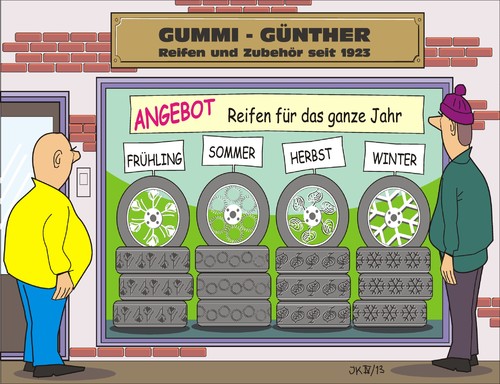 Cartoon: Reifen (medium) by JotKa tagged reifen,sommerreifen,winterreifen,felgen,schläuche,automobil,kfz,werkstatt,handel,verkehr,transportmittel,gummi,frühling,sommer,herbst,winter