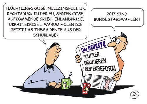 Cartoon: Rentendiskussion 2016 (medium) by JotKa tagged renten,altersrenten,altersarmut,rentenbeitrag,rentenreform,demografische,entwicklung,krisen,eurokrise,flüchtlingskrise,syrienkrise,ukrainekrise,griechenlandkrise,euro,zinspolitik,politik,politiker,parteien,cdu,csu,spd,parteiprogramme,wahlkampf,wahlversprechen,bundestagswahl,2017,wähler,wählerstimmen,renten,altersrenten,altersarmut,rentenbeitrag,rentenreform,demografische,entwicklung,krisen,eurokrise,flüchtlingskrise,syrienkrise,ukrainekrise,griechenlandkrise,euro,zinspolitik,politik,politiker,parteien,cdu,csu,spd,parteiprogramme,wahlkampf,wahlversprechen,bundestagswahl,2017,wähler,wählerstimmen