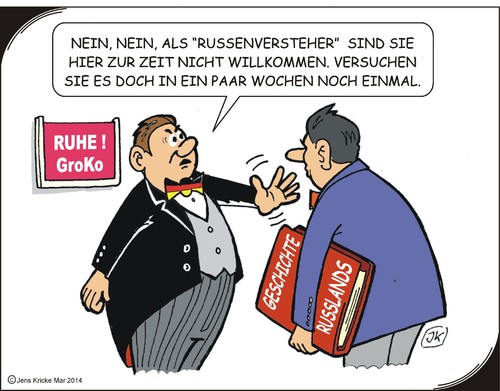 Cartoon: Russenversteher (medium) by JotKa tagged ukraine,krim,russland,eu,usa,kontaktgruppe,experten,fachleute,politiker,wahlen,strategie,putin,merkel,obama,steinmeier,schlagzeilen,medien,krise,boykott,sanktionen,nato,raketen,raketenschirm,rohstoffe,märkte,börsen,oel,gas,pipeline,versorgung,wirtschaft,g8,g20,groko,abgeordnete,russenversteher,ukraine,krim,russland,eu,usa,kontaktgruppe,experten,fachleute,politiker,wahlen,strategie,putin,merkel,obama,steinmeier,schlagzeilen,medien,krise,boykott,sanktionen,nato,raketen,raketenschirm