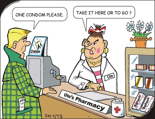 Cartoon: Sales pitch (medium) by JotKa tagged pharmancy,changing,jobs,women,men,habits,customers,routine,discretion
