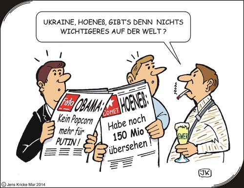 Cartoon: Schlagzeilen (medium) by JotKa tagged bi,schlagzeilen,medien,presse,zeitungen,banken,schweiz,zocker,steuerhinterziehung,gericht,finanzbehörden,finanzamt,steuer,fussball,fcbayern,hoeneß,usa,nato,europa,eu,russland,obama,merkel,putin,referendum,wahlen,abspaltung,opposition,krimkrise,ukaine,krim