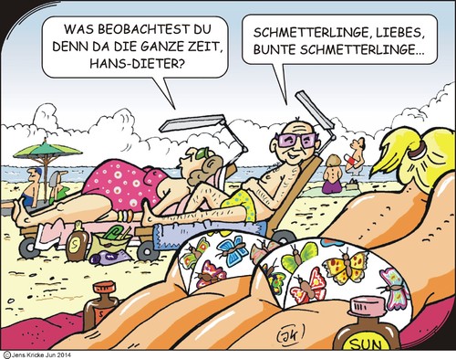 Cartoon: Schmetterlinge (medium) by JotKa tagged schmetterlinge,ferien,urlaub,sonne,strand,meer,schwimmen,baden,mädchen,sonnenbaden,beobachtungen,farbe,strandleben,erholung,sonnenöl,eheleute,eheleben,liegestuhl,bikini,badeanzug,badehose,sonnenschirm,sonnencreme,handtuch,badetuch