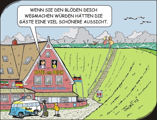 Cartoon: Schöne Aussicht (medium) by JotKa tagged urlaub,freizeit,reisen,ferien,sonne,sand,strand,meer,profit,profitdenken,hotel,küste,meeresspiegel,klimawechsel,meeresanstieg,überschwemmungen,flutkatastrophen,deiche,erderwärmung,co2,emissionen,zukunft