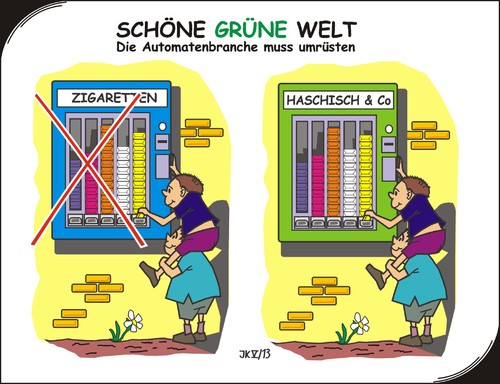 Cartoon: Schöne Grüne Welt (medium) by JotKa tagged zigaretten,drogen,haschisch,raucher,kranke,handel,verkauf,politik,gesundheit,strafrecht,arbeitsplätze,politiker,parteien,linke,rechte,gründe,fdp,spd,cdu,csu,marktwirtschaft,wahlfreiheit