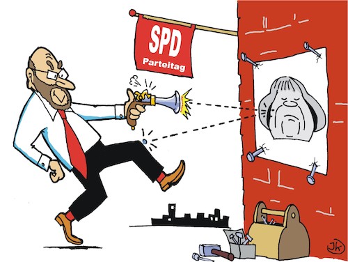 Cartoon: Schuss ins Knie (medium) by JotKa tagged bundestagswahl,wahlkampf,parteien,parteiprogramme,cdu,csu,die,spd,merkel,schulz,parteitag,bundestagswahl,wahlkampf,parteien,parteiprogramme,cdu,csu,die,spd,merkel,schulz,parteitag