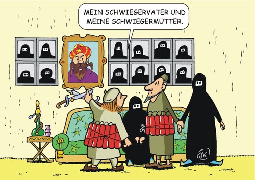 Cartoon: Schwiegermütter (medium) by JotKa tagged kirche,islamisten,islam,vielehe,familie,bilder,foto,verbindung,beziehung,schwägerin,schwager,schwiegermutter,schwiegervater,leid,freud,ehe,liebe