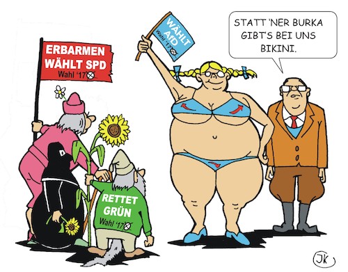 Cartoon: Sex sells -  Wahlkampf 2017 (medium) by JotKa tagged wahlkampf,bundestagswahlen,2017,umfragen,umfragewerte,parteien,politiker,bundestag,parlament,afd,spd,grüne,bikini,burka,wähler,wählerstimmen,trend,wahlkampf,bundestagswahlen,2017,umfragen,umfragewerte,parteien,politiker,bundestag,parlament,afd,spd,grüne,bikini,burka,wähler,wählerstimmen,trend