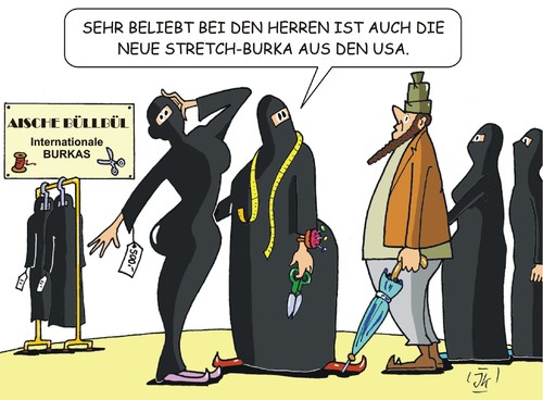 Cartoon: Shopping (medium) by JotKa tagged shopping,einkaufen,mode,kleider,burka,männer,frauen,international,modehaus,boutique,islam,moslem,schneider,modedesigner,designer,modern,stretch,zweitfrau,regenschirm,schere,maßband,nadeln,nähen,verkaufen,handeln,handel