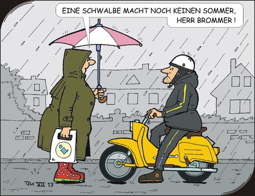 Cartoon: Sommerschwalbe (medium) by JotKa tagged sommerferien,urlaub,simson,ddr,technik,nostalgie,fahrrad,motorrad,moped,warm,kalt,wasser,wind,regen,opa,oma,wetter,sommer,schwalbe