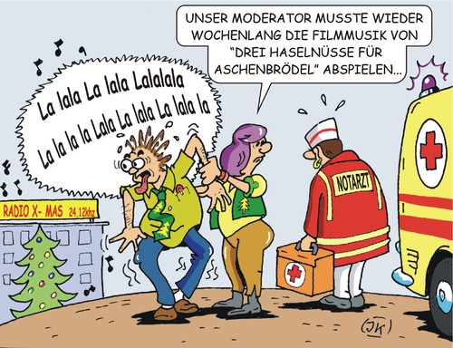 Cartoon: Spätfolgen (medium) by JotKa tagged fans,fan,schlagermusik,schlager,hits,musik,radiosender,weihnachtsbaum,tannenbaum,krankenwagen,arzt,notarzt,haselnüsse,drei,aschenbrödel,filmmusik,film,radiomoderator,moderator,rundfunk,radio,weihnachtslieder,weihnachten