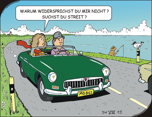 Cartoon: Spazierfahrt (medium) by JotKa tagged beziehungen,ausflug,missverständniss,beifahrer,straßen,meer,küsten,probleme,freundschaft,ehe,mg,1962,auto,sportwagen,autoklassiker,swinging,sixties,england,britisch