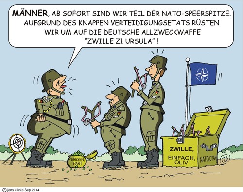 Cartoon: Speerspitze (medium) by JotKa tagged nato,natogipfel,eingreiftruppe,speerspitze,natorat,natoverträge,russlandvertrage,aufrüstung,verteidigung,verteidigungshaushalt,verteidigungsetat,bundeswehr,quick,reaction,force,putin,merkel,obama,poroschenko,ukraine,russland,amerika,europa,soldaten,finanzen,geld,steuern,steuerzahler,wehrpflicht