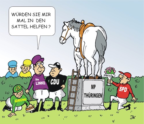 Cartoon: Steigbügelhalter gesucht (medium) by JotKa tagged ramelo,thüringen,landtagswahlen,ministerpräsident,linke,cdu,spd,grüne,neuwahlen,wahlannulierungen,fdp,politik,politiker,parteien,bündnisse,ramelo,thüringen,landtagswahlen,ministerpräsident,linke,cdu,spd,grüne,neuwahlen,wahlannulierungen,fdp,politik,politiker,parteien,bündnisse