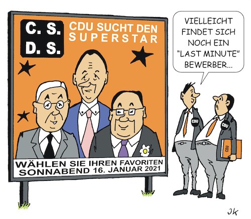 Cartoon: Superstarsuche (medium) by JotKa tagged cdu,bundesparteitag,parteivorsitz,wahl,parteivorsitzender,laschet,röttgen,merz,politik,politiker,wahlen,cdu,bundesparteitag,parteivorsitz,wahl,parteivorsitzender,laschet,röttgen,merz,politik,politiker,wahlen