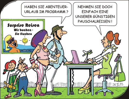 Cartoon: Abenteuerurlaub (medium) by JotKa tagged freizeit,meer,strand,sonne,abenteuer,reinigung,vermüllt,essen,schlechtes,teuer,ungeziefer,schmutz,hotelzimmer,urlaub