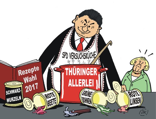 Cartoon: Thüringer Allerlei (medium) by JotKa tagged landtagswahl,thüringen,spd,die,linke,ramelow,gabriel,ministerpräsident,wahl,wähler,grünen,machtspiele,koalitionen,test,bundestagswahl,2017,merkel,küche,konserven,versuche,suppendopf,topf,dosen,dosenöffner,kochbuch,rezepte