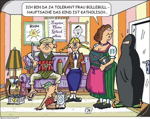 Cartoon: Toleranz (medium) by JotKa tagged völkergemis,völker,mode,modeerscheinungen,weltanschauung,weltbild,toleranz,tolerant,christlich,kirche,burka,bdm,neonazi,taliban,opa,oma,schwiegereltern,eltern,enkelkinder,enkel,kinder,kind,hochzeit,heirat,bindungen,verhältnis,liebe,ehe,mischehe,multikulti