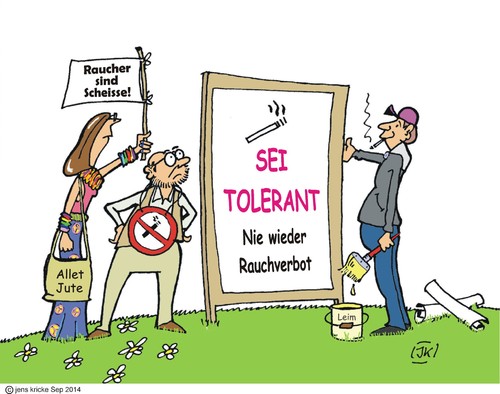 Cartoon: Toleranz (medium) by JotKa tagged gutmenschen,besserwisser,bevormundung,feiern,bierzelte,openair,kneipen,rauchverbote,nichtraucher,raucher
