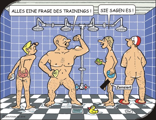 Cartoon: Training (medium) by JotKa tagged wasser,gemeinschaftsdusche,duschen,seife,schwamm,duschhaube,ente,muskulatur,muskel,frust,neid,probleme,männer,dusche,doping,anabolika,ausdauer,potenz,körperbau,körper,training,kraftsport,bodybuilding