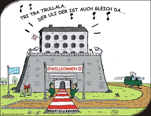 Cartoon: Tri Tra Trullala (medium) by JotKa tagged revision,berufung,bewährungsstrafe,haftstrafe,gefängnis,urteil,schlagzeilen,medien,presse,zeitungen,banken,schweiz,zocker,steuerhinterziehung,gericht,finanzbehörden,finanzamt,steuer,fussball,fcbayern,hoeneß