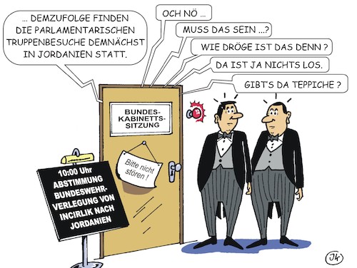 Cartoon: Truppenbesuche (medium) by JotKa tagged truppe,bundeswehr,von,der,leyen,incirlik,türkey,jordanien,bundeskabinett,kabinettssitzung,truppenverlegung,truppenbesuche,parlamentarische,parlament,abgeordnete,truppe,bundeswehr,von,der,leyen,incirlik,türkey,jordanien,bundeskabinett,kabinettssitzung,truppenverlegung,truppenbesuche,parlamentarische,parlament,abgeordnete