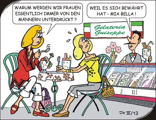 Cartoon: Unterdrückung (medium) by JotKa tagged eisdiele,eis,gelateria,beziehungen,unterdrückung,männer,frauen,shopping,probleme,partner,freundin,freund,weisheiten,lebensgewohnheiten