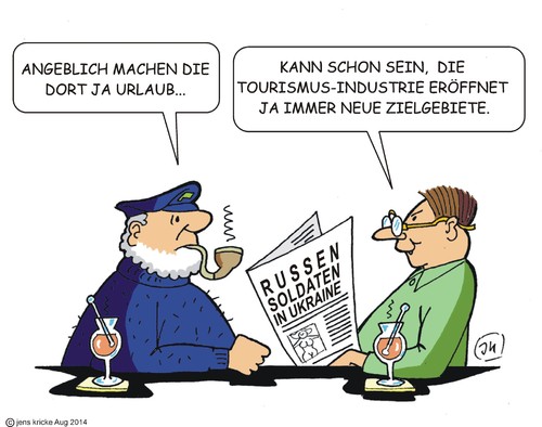 Cartoon: Urlauber (medium) by JotKa tagged ukrainekrise,sanktionen,grenze,eu,nato,merkel,poroschenko,putin,berlin,moskau,kiew,separatisten,ostukraine,westukraine,ukraine,urlaub,soldaten,russen