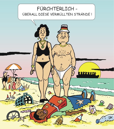 Cartoon: Urlauberfrust (medium) by JotKa tagged urlaub,ferien,sonne,strand,meer,müll,strandverschutzung,umweltverschmutzung,ferienfreude,gesellschaft,immigration,mittelmeerroute,schlepper,afrika,eu,asyl,urlaub,ferien,sonne,strand,meer,müll,strandverschutzung,umweltverschmutzung,ferienfreude,gesellschaft,immigration,mittelmeerroute,schlepper,afrika,eu,asyl