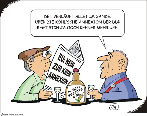 Cartoon: Vereinigungen Annexionen (medium) by JotKa tagged mauerfall,wende,25jahre,jubiläum,deutschland,ddr,brd,wiedervereinigung,kohl,cdu,korn,kneipe,zeitung,presse,medien,politik,ostpolitik,krim,ukraine,russland,eu,usa,nato,krisen,berliner