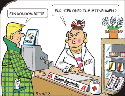 Cartoon: Verkaufsgespräch (medium) by JotKa tagged apotheke,arbeitsplatzwechsel,frauen,männer,routine,gewohnheiten,kunden,diskretion