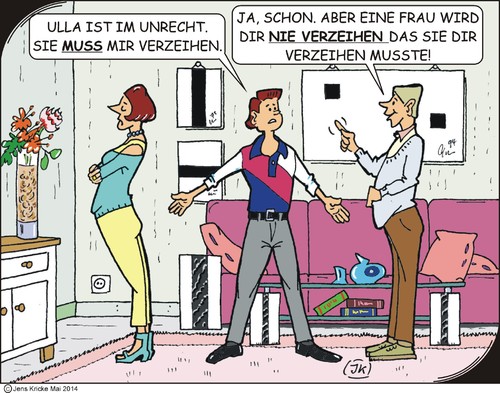 Cartoon: Verzeihen (medium) by JotKa tagged vase,teppich,bilder,bücher,tisch,sofa,blumenvase,blumen,ermahnung,hinweis,partnerschaft,männer,frauen,sie,er,missverständnisse,streit,liebe,vergessen,zwang,pflicht,müssen,unrecht,recht,verzeihen