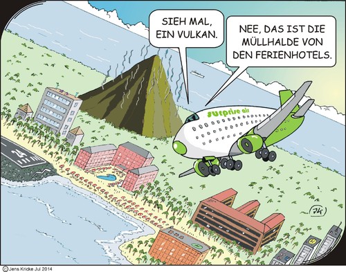 Cartoon: Vulkan (medium) by JotKa tagged urlaub,reisen,fernreisen,hotel,ferienanlage,ferien,reiseveranstalter,flugzeug,strand,meer,erholung,umwelt,müll,müllentsorgung,müllproduktion,infrastruktur,fluggesellschaft,piloten,baden,schwimmen,sonne,palmen,flugplatz