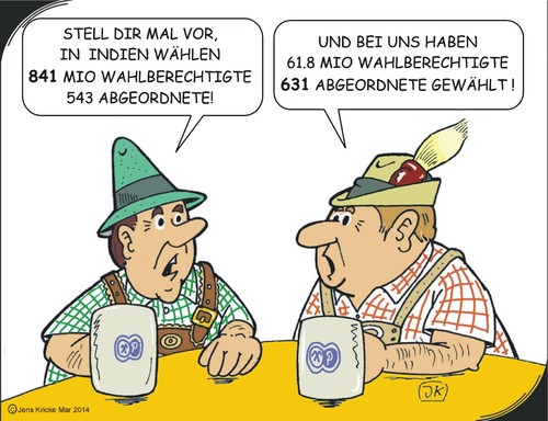 Cartoon: Wahlen (medium) by JotKa tagged indien,wahlberechtigte,abgeordnete,parlament,parteien,wählerstimmen,politiker,kosten,ausgaben,effektivität,demokratie,steuern,bayern,bierkrug,humpen,lederhose,gamsbart,hüte