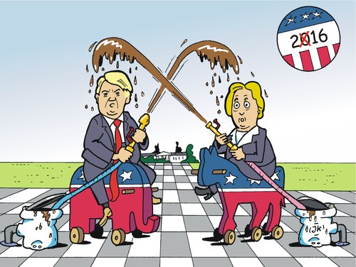 Cartoon: Wahlkampf - Electioneering (medium) by JotKa tagged wahlkampf,wahlen,usa,kandidaten,republikaner,demokraten,clinton,trump,schlammschlacht,election,campaigns,candidates,republican,democrats,wahlkampf,wahlen,usa,kandidaten,republikaner,demokraten,clinton,trump,schlammschlacht,election,campaigns,candidates,republican,democrats