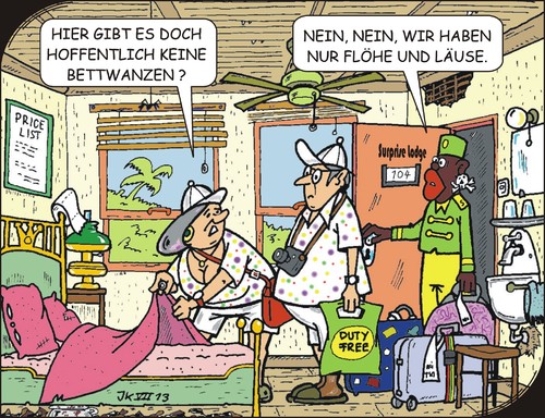 Cartoon: Wanzen (medium) by JotKa tagged billigreisen,billighotel,urlaubsfreuden,reiseveranstalter,läuse,flöhe,wanzen,meer,strand,sonne,tourist,motel,hotel,lodge,safari,länder,ferne,reisen,urlaub