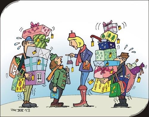 Cartoon: Weihnachten - Xmas (medium) by JotKa tagged market,christmas,festtrubel,fest,christlich,vermarktung,gewinn,kasse,umsatz,tradition,kaufrausch,pfanne,schwitzen,gepäckträger,belastung,unterhaltung,frauen,männer,weihnachtsmarkt,einkaufsrausch,einkaufen,päckchen,weihnachtsgeschenke,geschenke,weihnachten