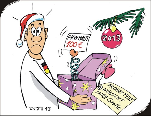 Cartoon: Weihnachtsgeschenk (medium) by JotKa tagged dobrint,seehofer,gabriel,merkel,spd,csu,cdu,michel,deutscher,bürger,finanzen,groko,wahlkampfaussagen,wahlkampf,ausländer,unländer,steuern,pkwmaut,maut