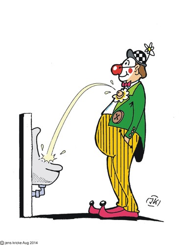 Cartoon: Wenn Clowns müssen (medium) by JotKa tagged spritze,hut,blumen,wc,pissoir,clo,toilette,manege,lachen,spass,freude,zirkus,clown