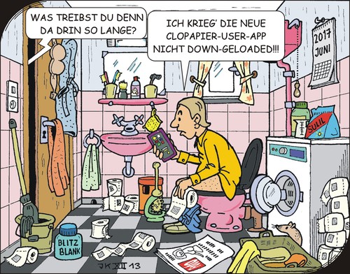 Cartoon: Wichtige neue App (medium) by JotKa tagged iphone,smartphone,handy,user,download,app,clo,toilette,clopapier,toilettenpapier,badezimmer,waschmaschine,kalender,maus,bürste,putzmittel,schrubber,zeitung,magazin,fenster,wäsche,wäschekorb,handtuch,vorhang,er,sie,liebe,geduld,nerven,beziehungen,blockade,ungeduld,problem,spiegel,lampe,2014,juni,waschpulver,jotka