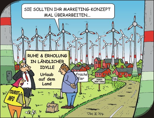 Cartoon: Windkraft (medium) by JotKa tagged erneuerbare,energie,strom,wind,sonne,trassen,energiebedarf,land,stadt,dorf,ruhe,hektik,stromverbrauch,binnenland,küstenland,landwirtschaft,erholung,hotel,fewo,gemeinderat,parteien,gewerbegebiete,windparks,tourismus,fremdenverkehr,gäste,urlauber,urlaub,entspannung,reisen,meer,küste,strand,bauer,bauernhof,tiere,vögel,rinder,schafe,freizeit,freizeitangebot,dilemma,verträglichkeit