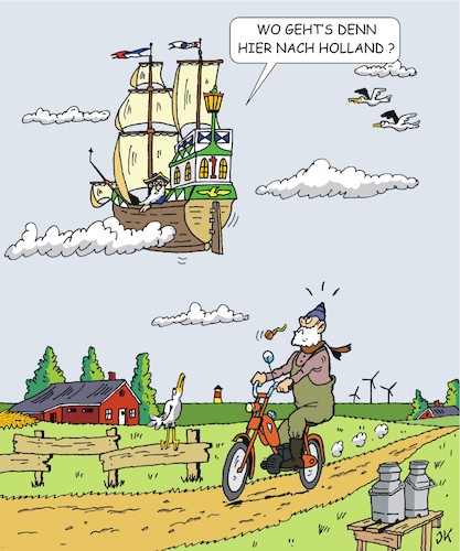 Cartoon: Wo gehts nach Holland (medium) by JotKa tagged holland,fliegender,hollander,visionen,sagen,märchen,segelschiff,schiffe,moped,fliegen,luftfahrt,holland,fliegender,hollander,visionen,sagen,märchen,segelschiff,schiffe,moped,fliegen,luftfahrt