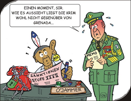 Cartoon: Wo liegt die Krim (medium) by JotKa tagged ukraine,krim,russland,eu,usa,kontaktgruppe,experten,fachleute,politiker,wahlen,strategie,putin,merkel,obama,steinmeier,schlagzeilen,medien,krise,boykott,sanktionen,nato,raketen,raketenschirm,rohstoffe,märkte,börsen,oel,gas,pipeline,versorgung,wirtschaft,g8,g20,us,invasion,besetzung,1983,völkerrecht,völkerrechtswidrig,propaganda,beeinflussung,regimewechsel,geografie,karibik,grenada