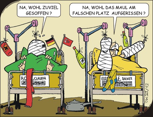 Cartoon: Wochenendfolgen (medium) by JotKa tagged demokratie,unruhen,demonstrationen,demo,nackenheim,istanbul,taksimplatz,krankenhaus,treppensturz,weinberg,restaurant,grüne,fdp,brüderle,roth