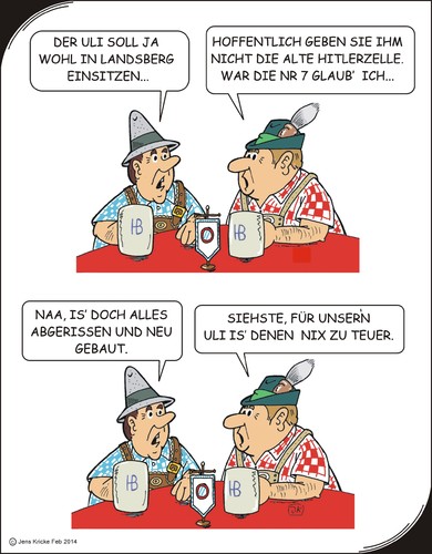 Cartoon: Zelle 7 (medium) by JotKa tagged lederhosen,masskrug,stammtisch,hitler,landsberg,revision,berufung,bewährungsstrafe,haftstrafe,gefängnis,urteil,schlagzeilen,medien,presse,zeitungen,banken,schweiz,zocker,steuerhinterziehung,gericht,finanzbehörden,finanzamt,steuer,fussball,fcbayern,hoeneß