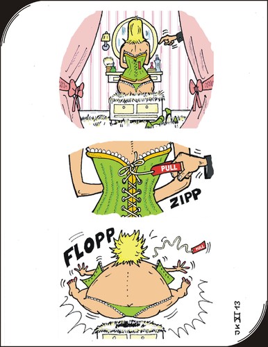 Cartoon: Zipp (medium) by JotKa tagged männer,frauen,liebe,freunschaft,beziehungen,probleme,liebeskummer,spässe,spass,dessous,korsett,schminken,schmücken,anziehen,ausziehen,reissleine,men,love,women,friendship,relations,problems,jokes,fun,decorating,makeup,wear,lingerie,corset,tear,off,leashe