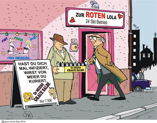 Cartoon: Zur roten Lola (medium) by JotKa tagged lola,bar,nachtbar,bordell,amüsierbetrieb,puff,prostitution,krankheiten,heilmittel,salbe,vertreter,chef,chauffeur,angestelllter,handel,verkauf,hausierer,bauchladen,nachtleben,prostituierte,kunden,freier,verhütung