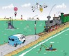 Cartoon: Experten am Werk (small) by JotKa tagged meer,küste,verkehr,eisenbahn,lokomotive,dampflok,gleise,signale,straße,schiff,uboot,ruderer,angler,möwe,ballon,ballonflug,sommer,urlaub,ferien,experten,bauten,bauplanung