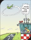 Cartoon: Warteschleife - Holding (small) by JotKa tagged luftfahrt,fliegen,urlaub,reisen,flugzeug,piloten,kontrollturm,fluglotse,landebahn,flughafen,warteschleife,windsack,sonne,freizeit,aviation,flying,holiday,travel,airline,pilots,tower,air,traffic,controller,airport,runway,hold,windsock,sun,leisure