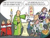 Cartoon: Willkommen (small) by JotKa tagged kirche,taufe,taufkleid,paten,pate,patin,eltern,kinder,bruder,schwester,messdiener,taufbecken,traditionen,religion,bibel,tracht,trachtenmode,dirndl,lederhose,haferlschuh,pfarrer,pastor,steuern,spenden,politiker,kirchensteuer,agbagen,ablass,rituale,zeremoni